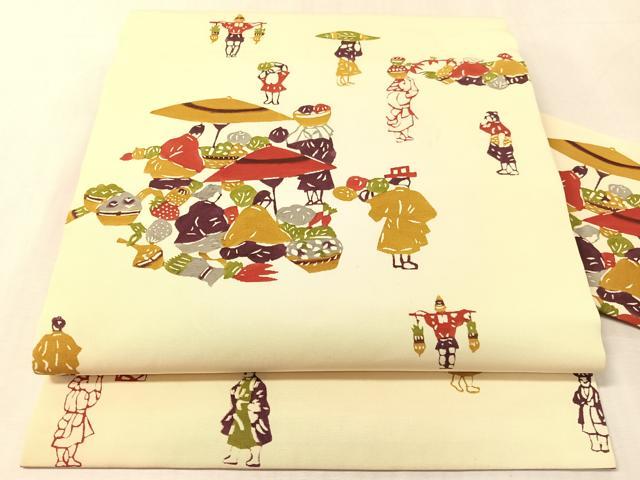 平和屋着物●塩瀬　九寸名古屋帯　作家物　型染め　人物風景文　正絹　逸品　CABL0363vp