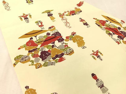 平和屋着物●塩瀬　九寸名古屋帯　作家物　型染め　人物風景文　正絹　逸品　CABL0363vp