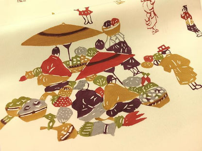 平和屋着物●塩瀬　九寸名古屋帯　作家物　型染め　人物風景文　正絹　逸品　CABL0363vp