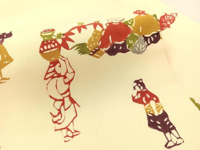 平和屋着物●塩瀬　九寸名古屋帯　作家物　型染め　人物風景文　正絹　逸品　CABL0363vp
