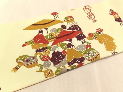 平和屋着物●塩瀬　九寸名古屋帯　作家物　型染め　人物風景文　正絹　逸品　CABL0363vp