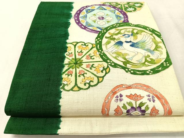 平和屋着物●九寸開き名古屋帯　手描き　紬地　鳳凰花絵皿文　正絹　逸品　CABL0368vp