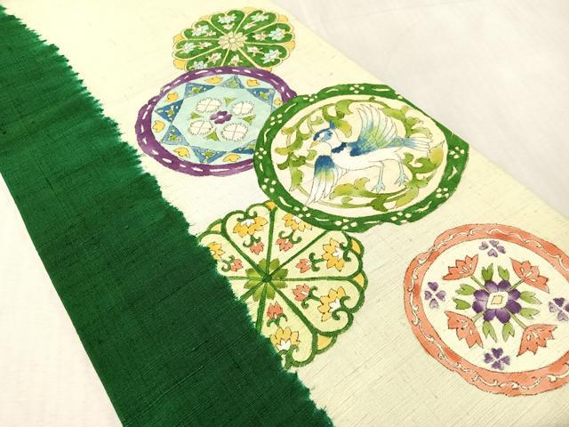 平和屋着物●九寸開き名古屋帯　手描き　紬地　鳳凰花絵皿文　正絹　逸品　CABL0368vp