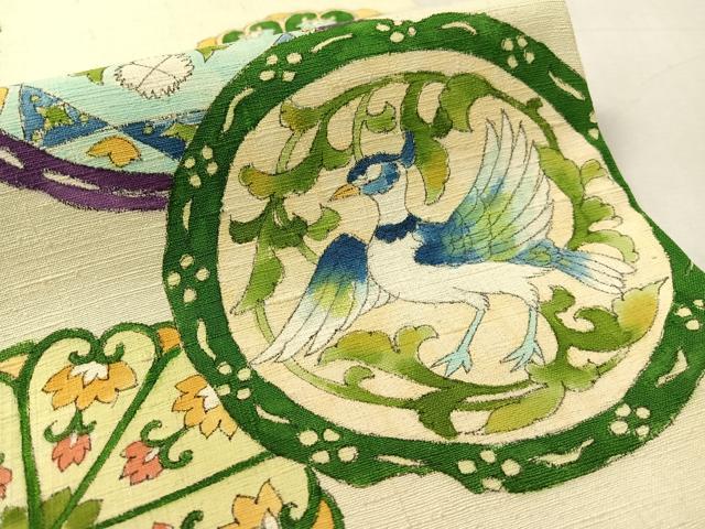 平和屋着物●九寸開き名古屋帯　手描き　紬地　鳳凰花絵皿文　正絹　逸品　CABL0368vp