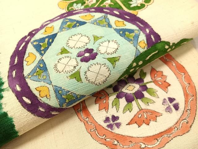 平和屋着物●九寸開き名古屋帯　手描き　紬地　鳳凰花絵皿文　正絹　逸品　CABL0368vp