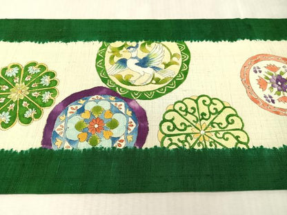 平和屋着物●九寸開き名古屋帯　手描き　紬地　鳳凰花絵皿文　正絹　逸品　CABL0368vp