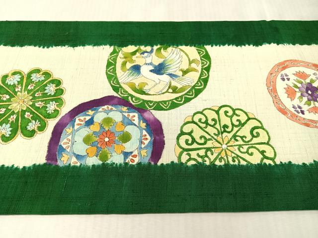 平和屋着物●九寸開き名古屋帯　手描き　紬地　鳳凰花絵皿文　正絹　逸品　CABL0368vp