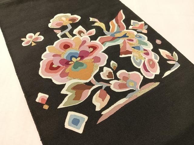 平和屋着物●爪掻き本綴れ　八寸名古屋帯　飛鳥花文　黒地　金銀糸　正絹　逸品　CABL0370vp