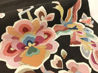 平和屋着物●爪掻き本綴れ　八寸名古屋帯　飛鳥花文　黒地　金銀糸　正絹　逸品　CABL0370vp