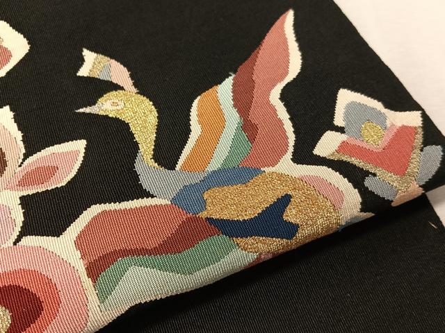 平和屋着物●爪掻き本綴れ　八寸名古屋帯　飛鳥花文　黒地　金銀糸　正絹　逸品　CABL0370vp