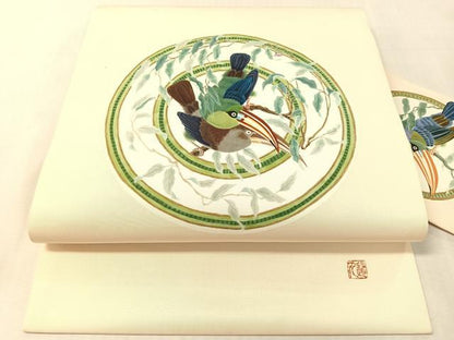 平和屋着物●塩瀬　九寸名古屋帯　作家物　手描き　双鳥丸文　小大丸　金彩　たとう紙付き　正絹　逸品　CABL0372vp