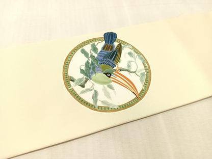 平和屋着物●塩瀬　九寸名古屋帯　作家物　手描き　双鳥丸文　小大丸　金彩　たとう紙付き　正絹　逸品　CABL0372vp