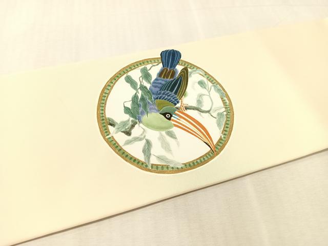 平和屋着物●塩瀬　九寸名古屋帯　作家物　手描き　双鳥丸文　小大丸　金彩　たとう紙付き　正絹　逸品　CABL0372vp