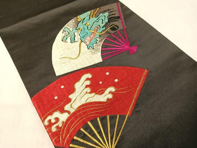 平和屋着物●アンティーク　大正ロマン　総手刺繍　九寸開き名古屋帯　扇面雲龍文　黒地　金銀糸　正絹　逸品　CABL0376vp