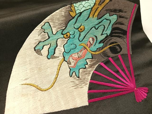 平和屋着物●アンティーク　大正ロマン　総手刺繍　九寸開き名古屋帯　扇面雲龍文　黒地　金銀糸　正絹　逸品　CABL0376vp