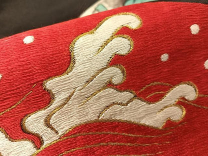 平和屋着物●アンティーク　大正ロマン　総手刺繍　九寸開き名古屋帯　扇面雲龍文　黒地　金銀糸　正絹　逸品　CABL0376vp