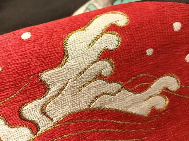 平和屋着物●アンティーク　大正ロマン　総手刺繍　九寸開き名古屋帯　扇面雲龍文　黒地　金銀糸　正絹　逸品　CABL0376vp