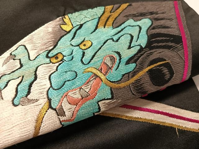 平和屋着物●アンティーク　大正ロマン　総手刺繍　九寸開き名古屋帯　扇面雲龍文　黒地　金銀糸　正絹　逸品　CABL0376vp