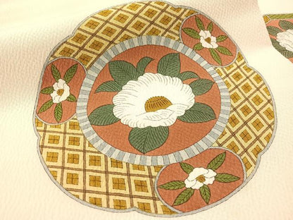 平和屋着物●銀座きしや　九寸名古屋帯　手描き　椿絵皿文　正絹　逸品　CABL0378vp
