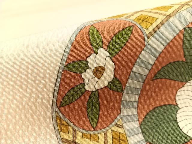 平和屋着物●銀座きしや　九寸名古屋帯　手描き　椿絵皿文　正絹　逸品　CABL0378vp
