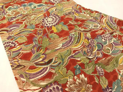 平和屋着物●全通柄　九寸名古屋帯　孔雀花文　正絹　逸品　CABL0381vp