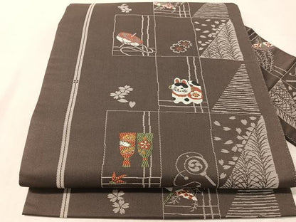 平和屋着物●九寸名古屋帯　唐織　市松玩具文　正絹　逸品　CABL0382vp