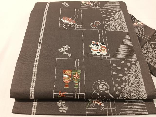 平和屋着物●九寸名古屋帯　唐織　市松玩具文　正絹　逸品　CABL0382vp