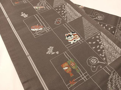 平和屋着物●九寸名古屋帯　唐織　市松玩具文　正絹　逸品　CABL0382vp