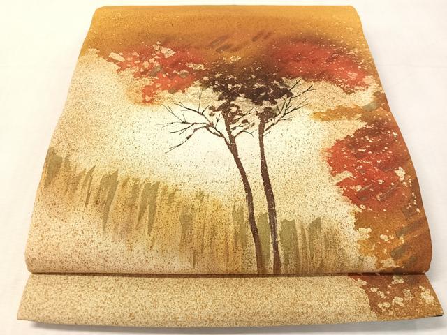平和屋着物●塩瀬　九寸開き名古屋帯　ろうけつ染め　草木文　金彩　正絹　逸品　CABL0387vp