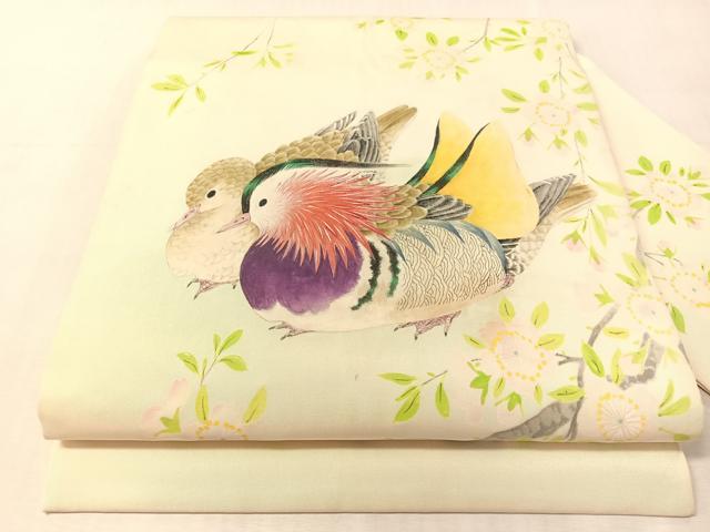平和屋着物●塩瀬　九寸名古屋帯　手描き　鴛鴦花文　正絹　逸品　CABL0388vp