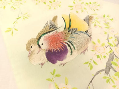 平和屋着物●塩瀬　九寸名古屋帯　手描き　鴛鴦花文　正絹　逸品　CABL0388vp