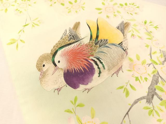 平和屋着物●塩瀬　九寸名古屋帯　手描き　鴛鴦花文　正絹　逸品　CABL0388vp