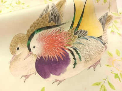 平和屋着物●塩瀬　九寸名古屋帯　手描き　鴛鴦花文　正絹　逸品　CABL0388vp