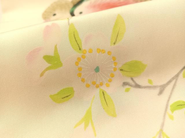 平和屋着物●塩瀬　九寸名古屋帯　手描き　鴛鴦花文　正絹　逸品　CABL0388vp