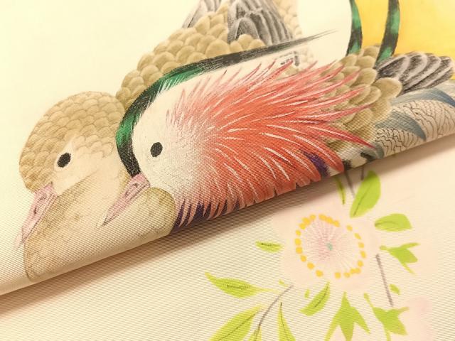 平和屋着物●塩瀬　九寸名古屋帯　手描き　鴛鴦花文　正絹　逸品　CABL0388vp