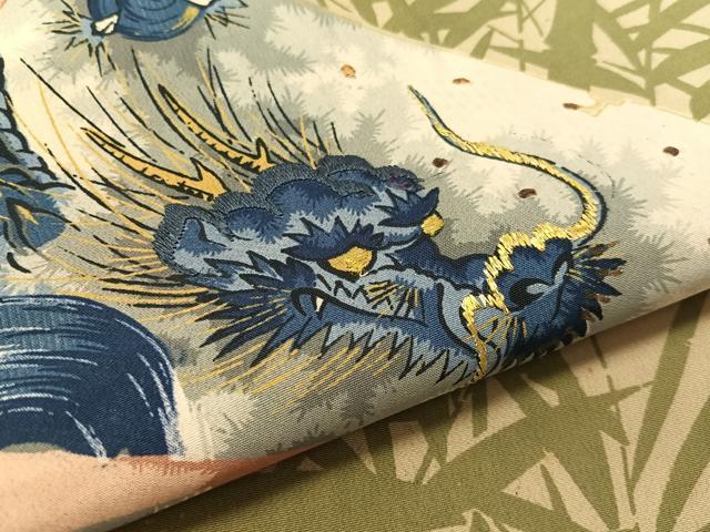 平和屋着物●アンティーク　大正ロマン　全通柄　九寸名古屋帯　刺繍　雲龍　トラ　金糸　正絹　逸品　CABL0393vp