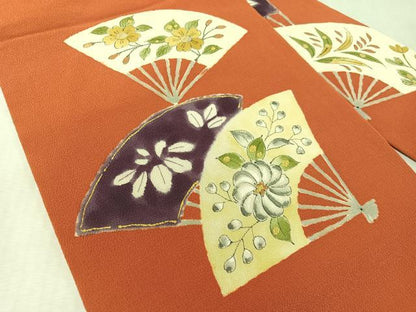 平和屋着物●銀座　志ま亀　九寸名古屋帯　手描き　扇面花文　金彩　鬼しぼ縮緬　正絹　逸品　CABL0394vp