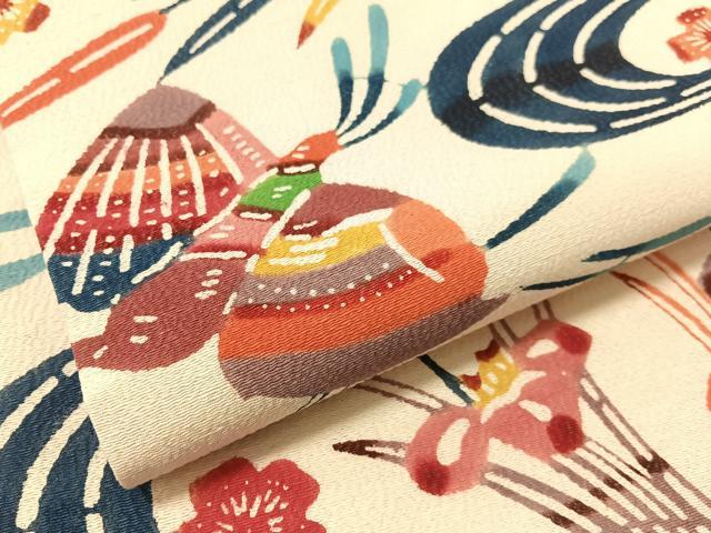 平和屋着物●九寸名古屋帯　紅型　流水花文　鬼しぼ縮緬　正絹　逸品　CABL0396vp