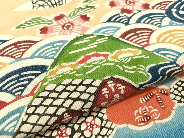 平和屋着物●九寸名古屋帯　型染め　飛鶴風景花文　正絹　逸品　CABL0397vp