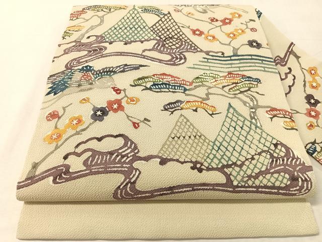 平和屋着物●九寸名古屋帯　紅型　飛鳥花松文　鬼しぼ縮緬　正絹　逸品　CABL0398vp