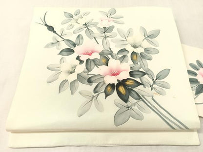 平和屋着物●塩瀬　九寸名古屋帯　作家物　手描き　枝花文　金彩　正絹　逸品　CABL0399vp