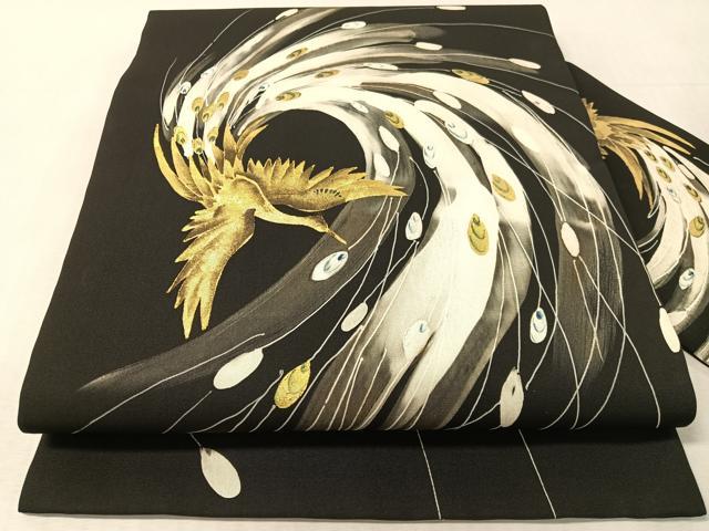 平和屋着物●塩瀬　九寸名古屋帯　ろうけつ染め　尾長鳥　黒地　金彩　正絹　逸品　CABL0400vp