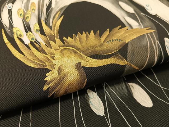 平和屋着物●塩瀬　九寸名古屋帯　ろうけつ染め　尾長鳥　黒地　金彩　正絹　逸品　CABL0400vp