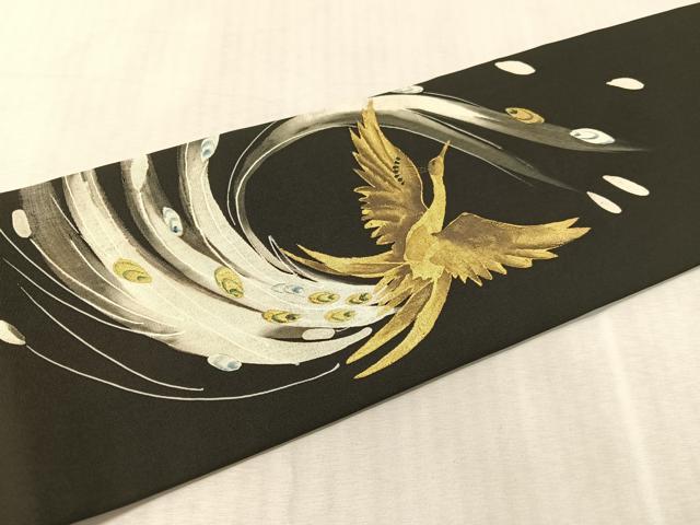 平和屋着物●塩瀬　九寸名古屋帯　ろうけつ染め　尾長鳥　黒地　金彩　正絹　逸品　CABL0400vp