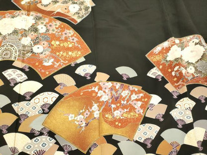 平和屋着物■豪華黒留袖　作家物　刺繍　扇面地紙花文　金彩　正絹　逸品　CABL0423oy