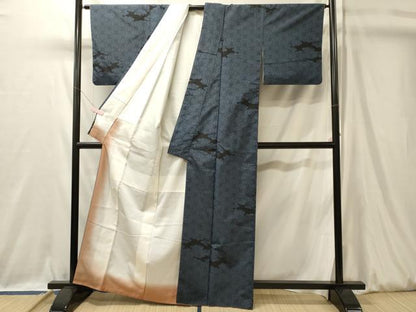 平和屋着物■上質な紬　変わり麻の葉文様　黒地　正絹　逸品　CABL0425oy