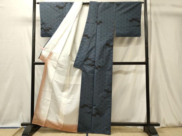 平和屋着物■上質な紬　変わり麻の葉文様　黒地　正絹　逸品　CABL0425oy