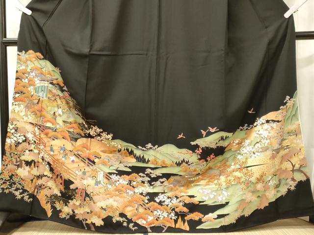 平和屋着物■豪華黒留袖　人物風景松文　暈し染め　金彩　正絹　逸品　CABL0477oy