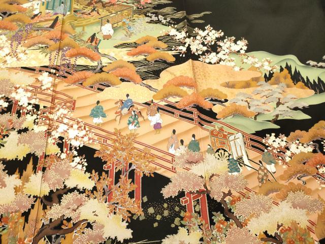 平和屋着物■豪華黒留袖　人物風景松文　暈し染め　金彩　正絹　逸品　CABL0477oy