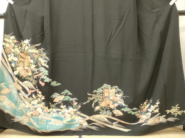 平和屋着物■豪華黒留袖　御所車草花文　暈し染め　銀彩　正絹　逸品　CABL0478oy